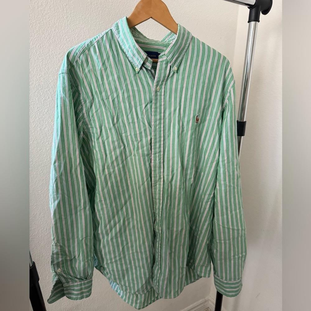 Ralph Lauren Men's Green and White Striped Shirt